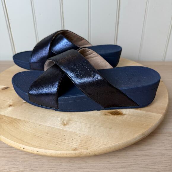 FitFlop NWOBox Womens Lulu Cross Glitz Slide Shoe Navy Blue Metallic 9M Comfort - Picture 7 of 14